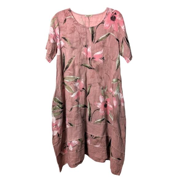 Alessia Pacini Linen Dress Pink Floral Pattern Asymmetrical Hem Size M  Pockets - Picture 2 of 10